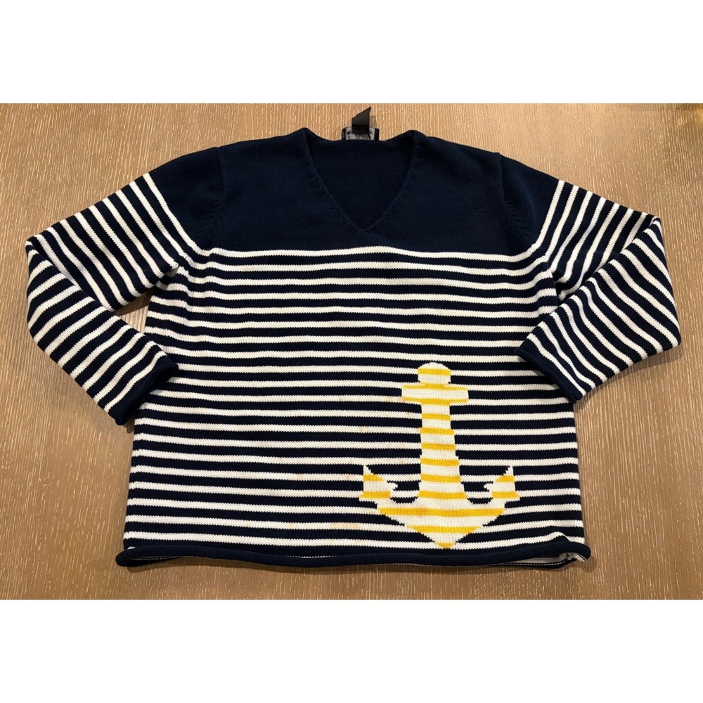Norton Studio Womens Large Navy White Striped Knit Sweater Yellow Anchor Cotton